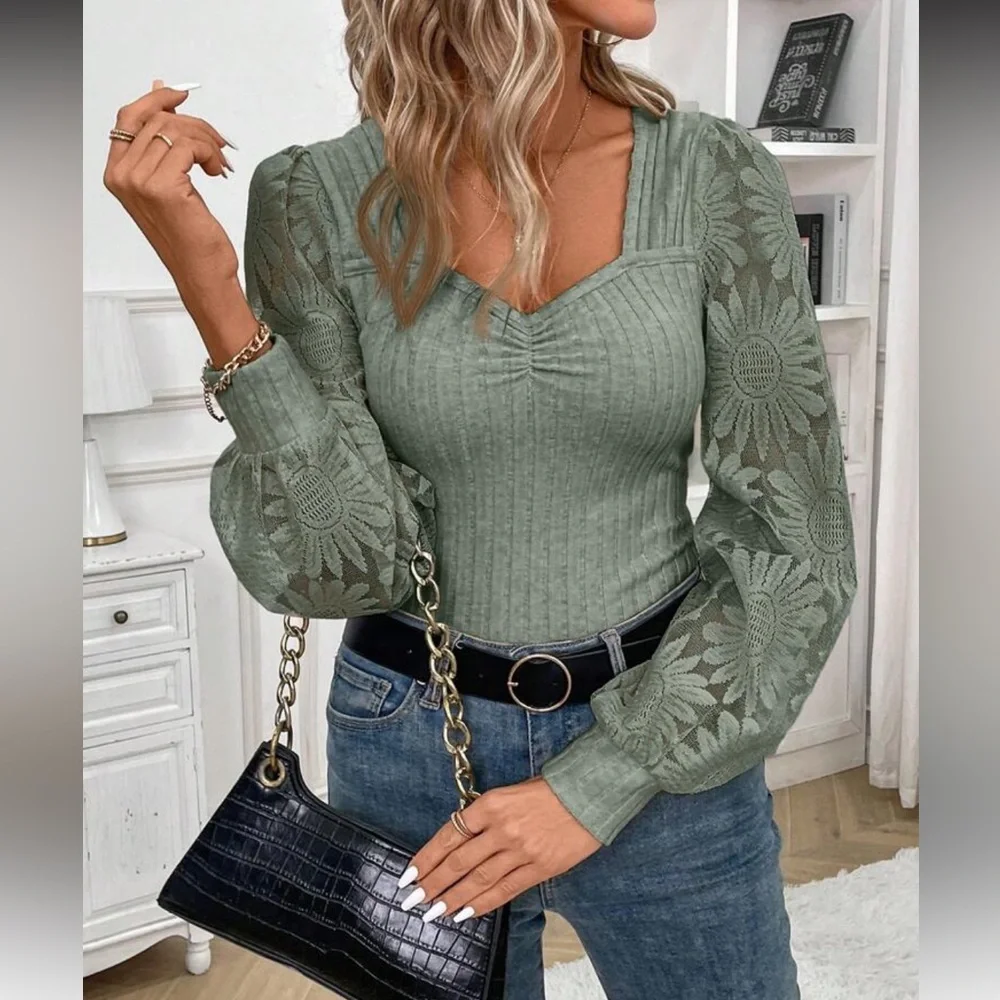 Dark Gray Floral Sleeve Ribbed Sweater